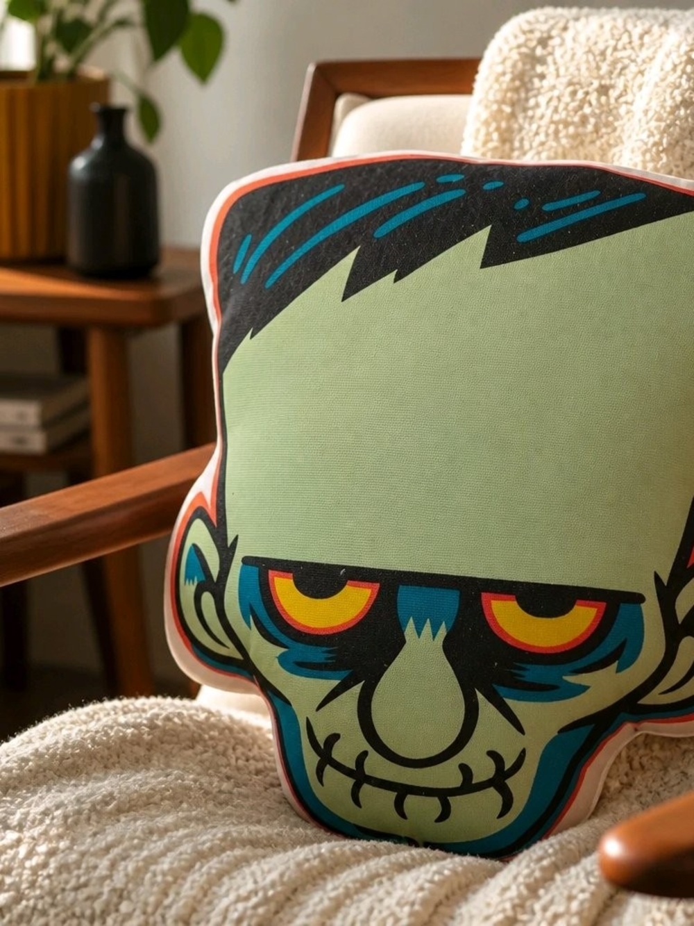 Green Frankenstein Head Accent Pillow with Graphic Face